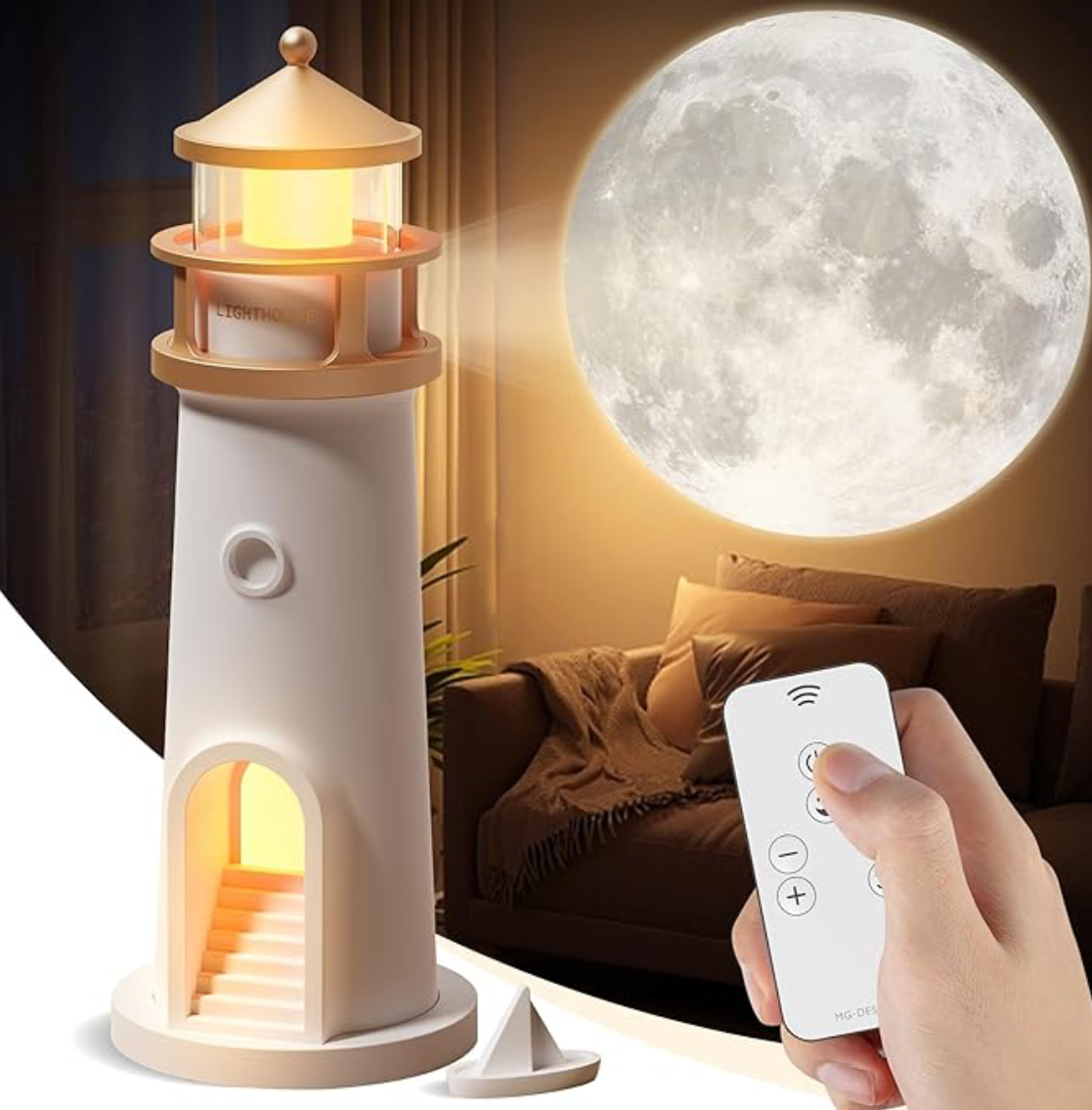 Lighthouse shaped lamp with moon reflector