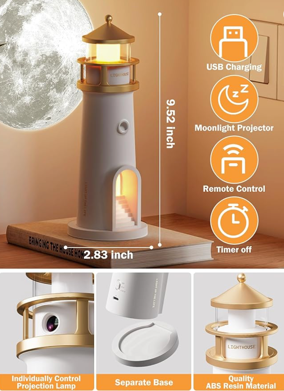 Lighthouse shaped lamp with moon reflector